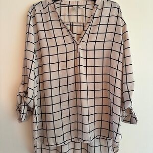 Tacera Black and Beige Grid Blouse, Women’s Size XL, 3/4 Roll Up Button Sleeves